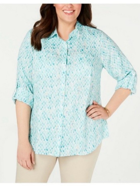 Charter Club Tops - Charter Club Women’s Linen Seahorse Aqua Button Front Roll Tab Sleeve Medium